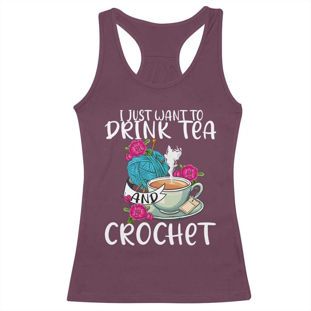 Maroon racerback tank top with crochet-themed graphic print