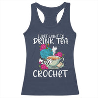 Navy racerback tank top with crochet-themed graphic print
