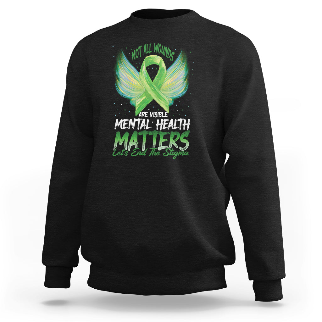 Black sweatshirt with front mental health ribbon graphic and “Mental Health Matters”