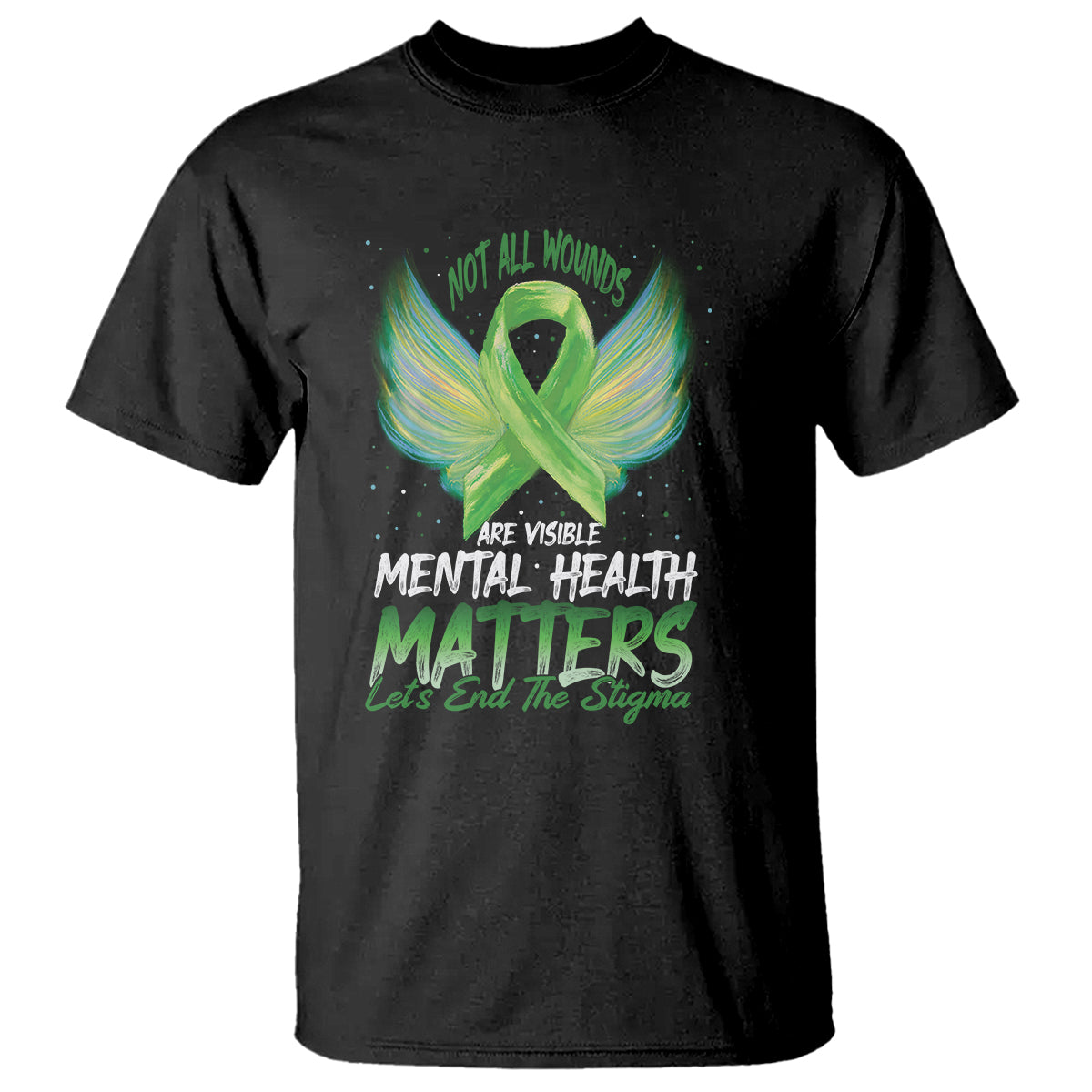 Black mental health awareness T-shirt with green ribbon graphic and stigma slogan