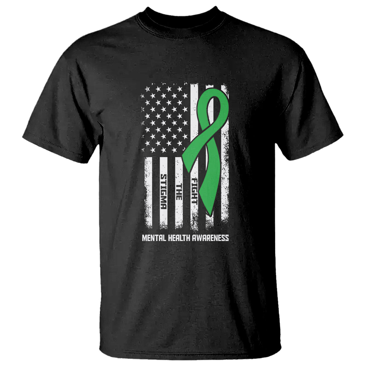 Mental health awareness T-shirt in black with green ribbon and US flag graphic