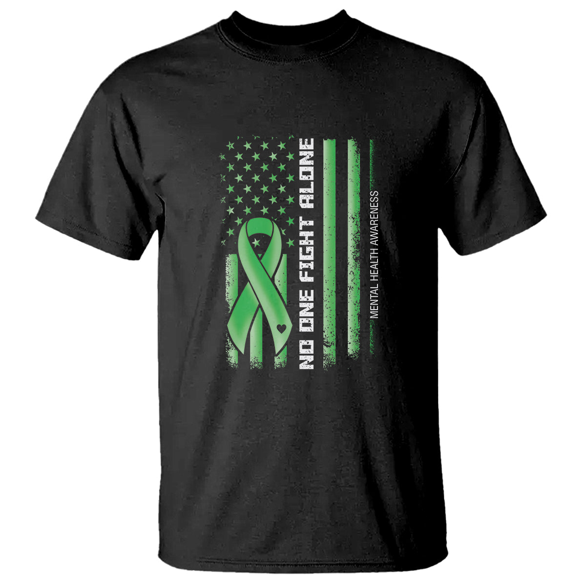 Men's mental health awareness T-shirt in black with green ribbon and stars graphic.