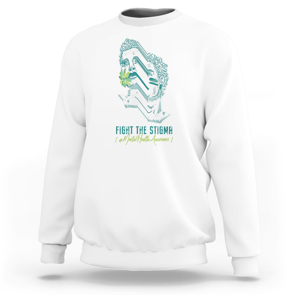 White sweatshirt with front face graphic and 'FIGHT THE STIGMA' print.