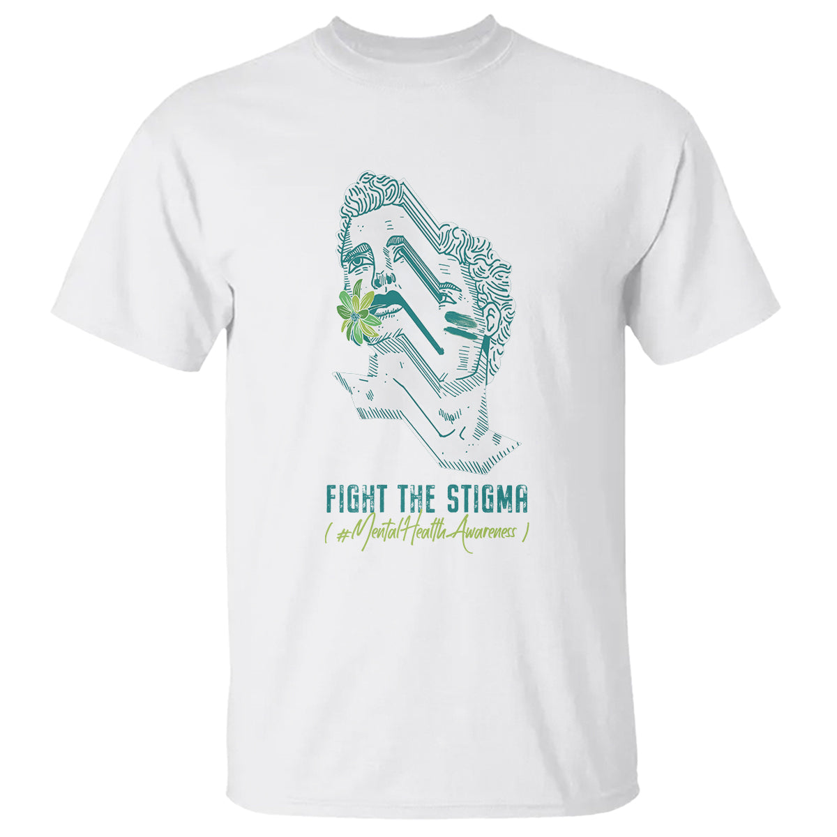 Mental health awareness T-shirt, white, front chest graphic with face illustration and “FIGHT THE STIGMA”.