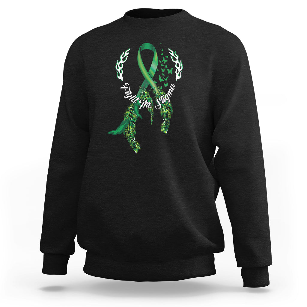 Black crewneck sweatshirt with green ribbon and butterfly chest graphic