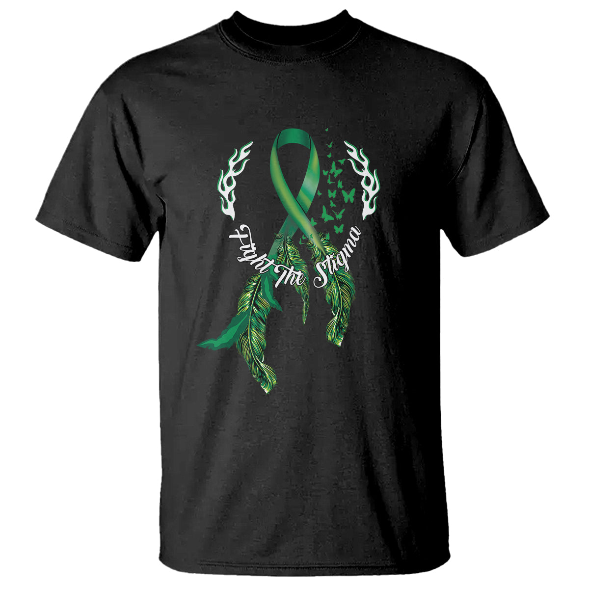 Black T-shirt with green ribbon and leaf butterfly graphic