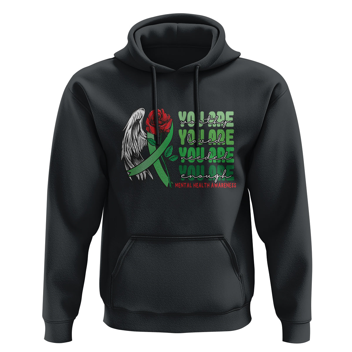 Black hoodie with hood pocket; winged heart graphic and mental-health awareness text