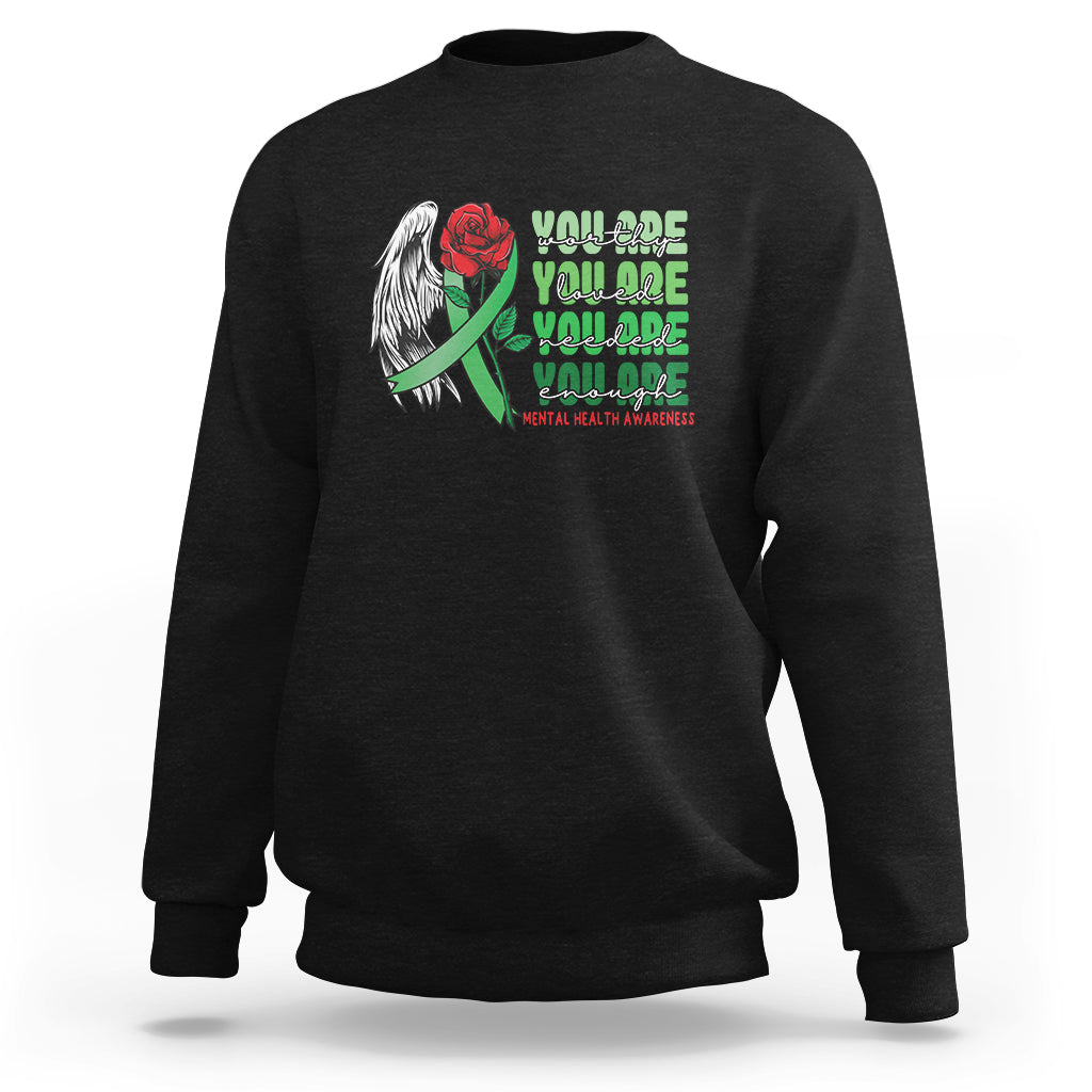 Mental health awareness sweatshirt in black with rose-themed front graphic