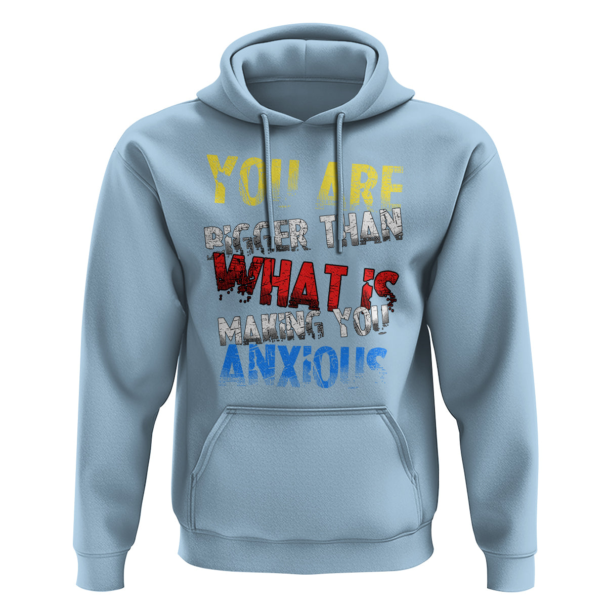 Light blue hoodie with front graphic, drawstring hood, and kangaroo pocket