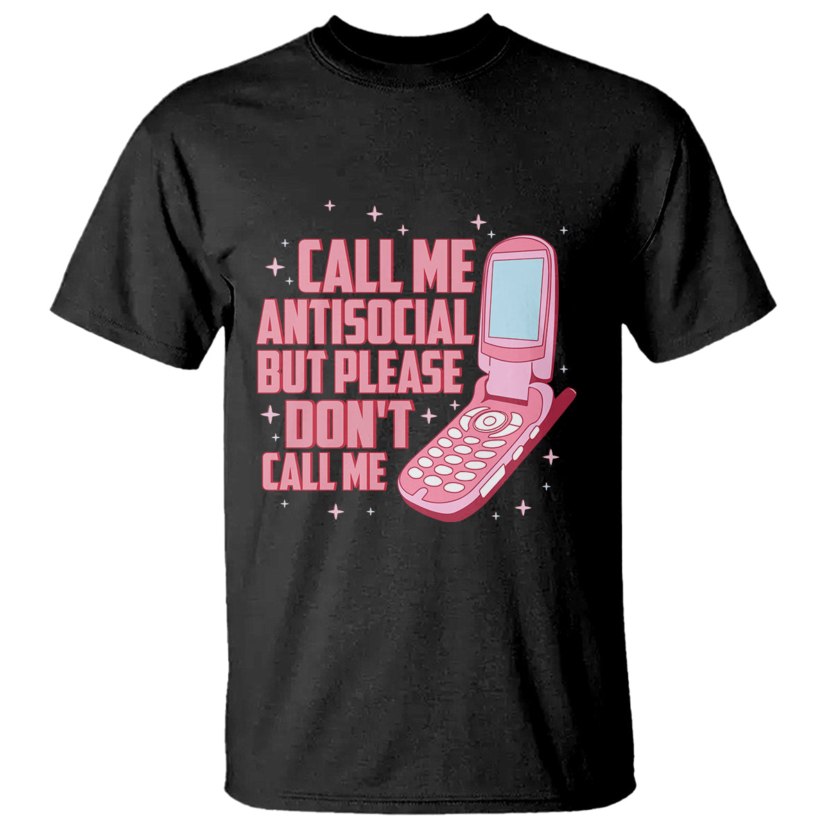Black t-shirt with pink retro phone graphic and antisocial text print