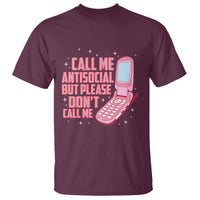 Maroon t-shirt with pink retro phone graphic and antisocial text print
