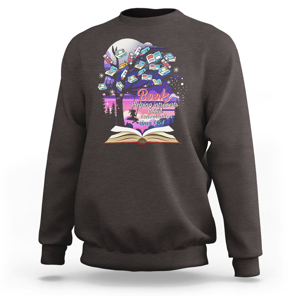 Charcoal crewneck sweatshirt with colorful book graphic and open book print