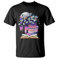 Black t-shirt with colorful books, tree and “Books” reading graphic on the front