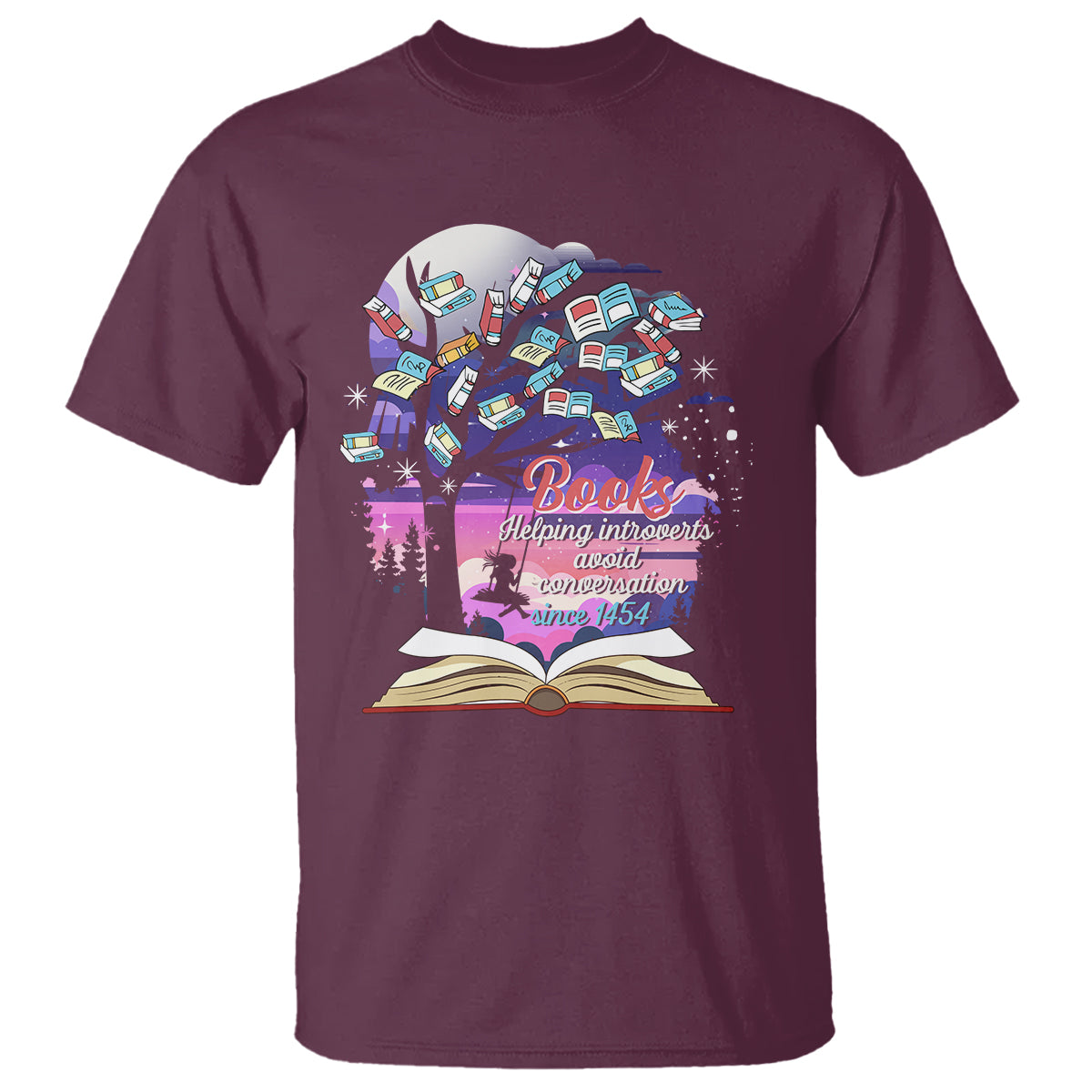 Maroon t-shirt with colorful books, tree and “Books” reading graphic on the front