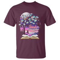 Maroon t-shirt with colorful books, tree and “Books” reading graphic on the front
