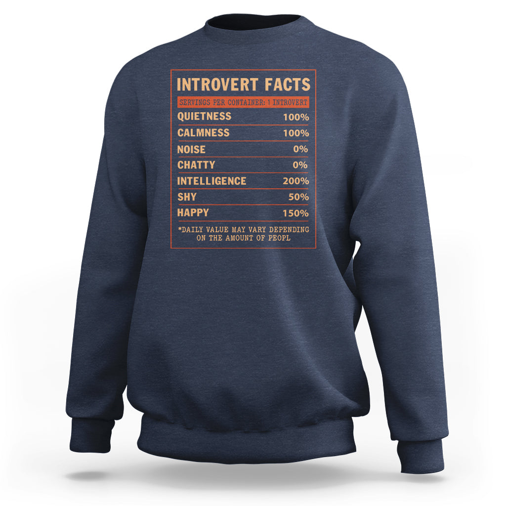Blue crewneck sweatshirt with orange Introvert Facts chart graphic on chest.