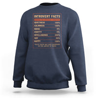 Blue crewneck sweatshirt with orange Introvert Facts chart graphic on chest.