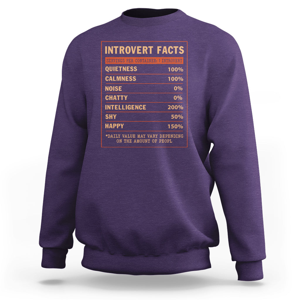 Purple crewneck sweatshirt with orange Introvert Facts chart graphic on chest.
