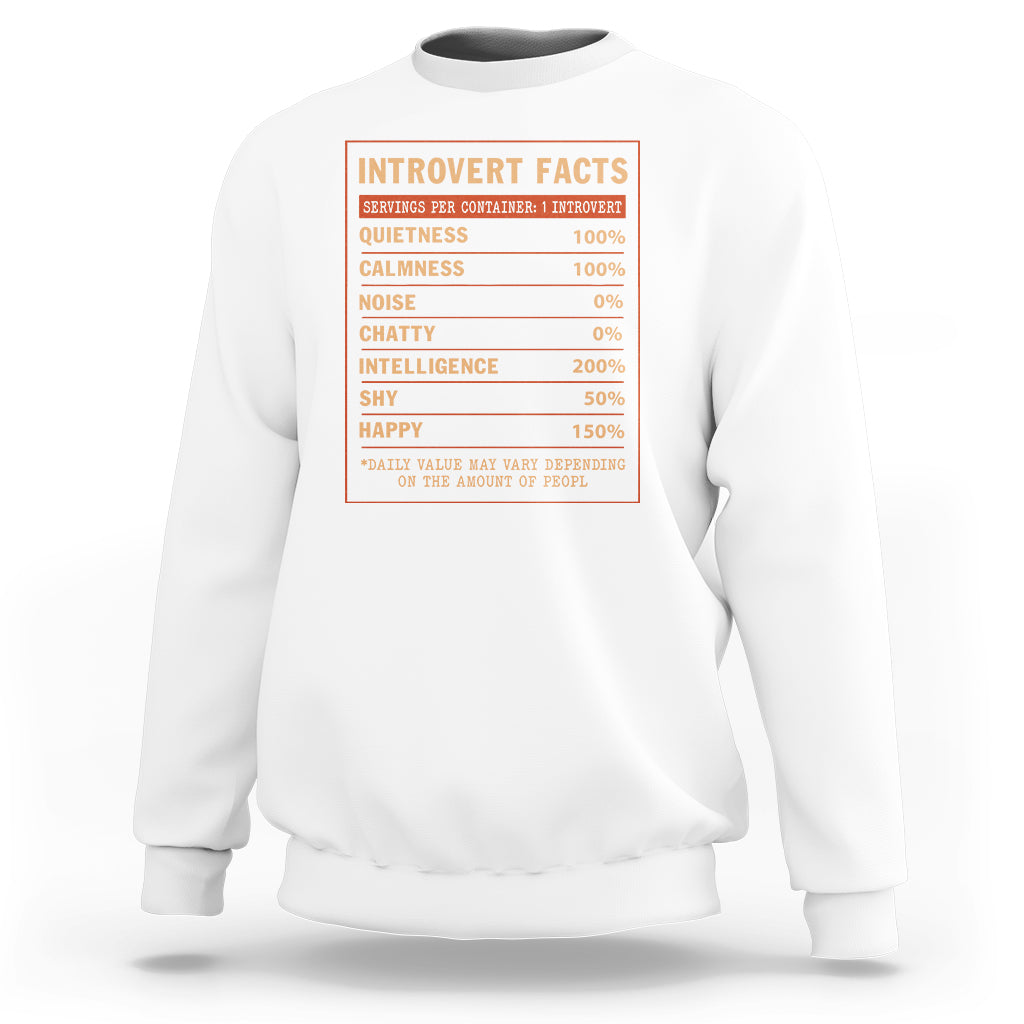 White crewneck sweatshirt with orange Introvert Facts chart graphic on chest.