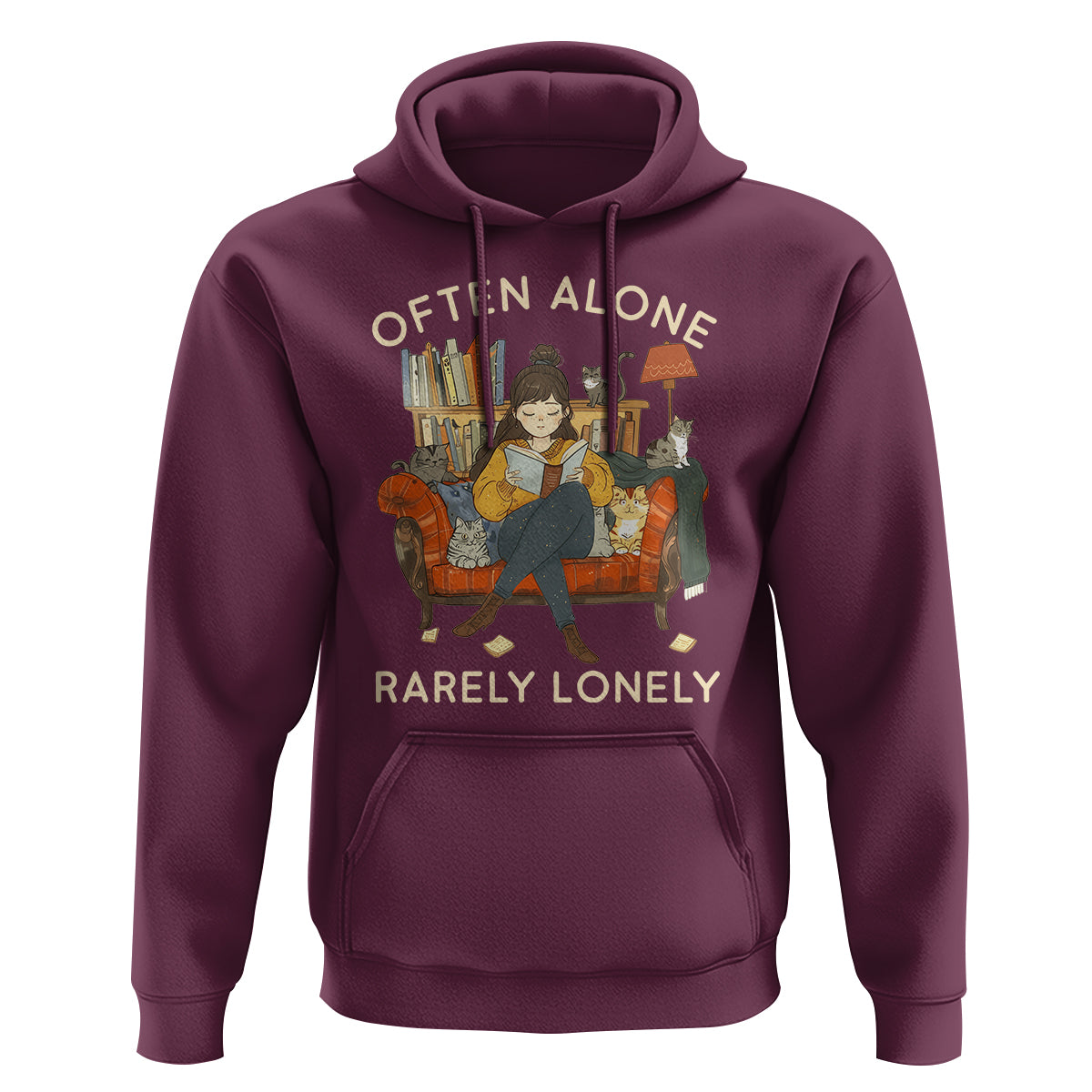 Maroon hoodie with front graphic, drawstring hood, and kangaroo pocket