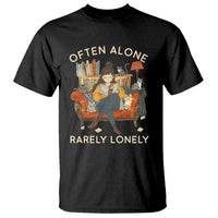 Black introvert graphic T-shirt with “OFTEN ALONE” and “RARELY LONELY” print