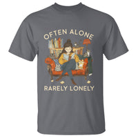 Charcoal introvert graphic T-shirt with “OFTEN ALONE” and “RARELY LONELY” print