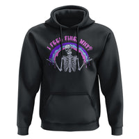 Black hoodie with skeleton graphic and rainbow text, front kangaroo pocket