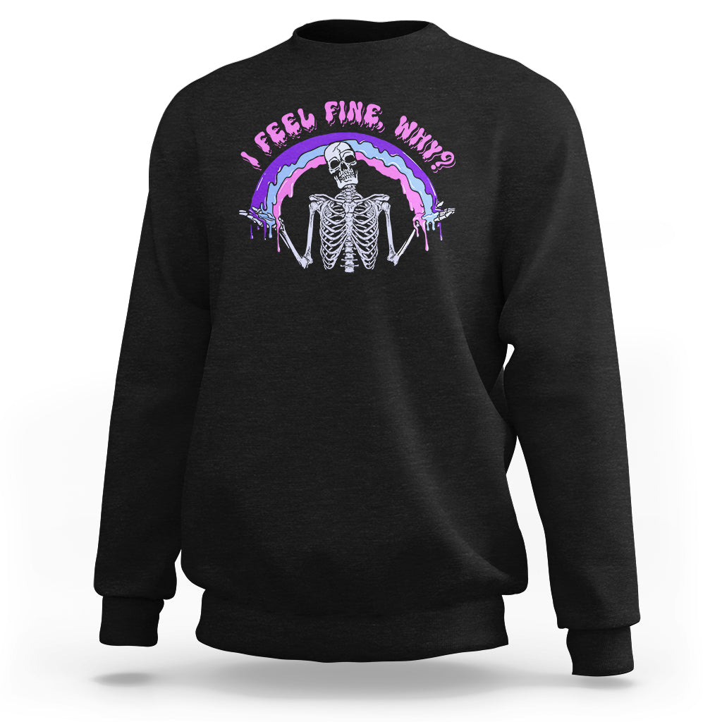Black sweatshirt with skeleton rainbow graphic and neon text on front