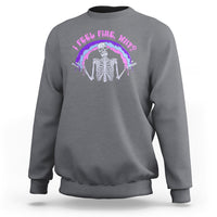 Light gray sweatshirt with skeleton rainbow graphic and neon text on front