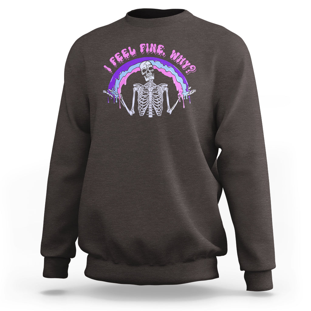 Charcoal sweatshirt with skeleton rainbow graphic and neon text on front