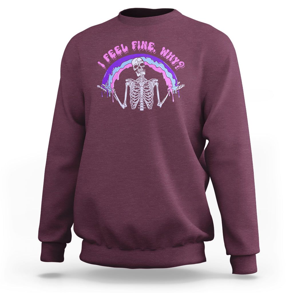 Maroon sweatshirt with skeleton rainbow graphic and neon text on front