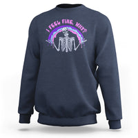 Blue-gray sweatshirt with skeleton rainbow graphic and neon text on front