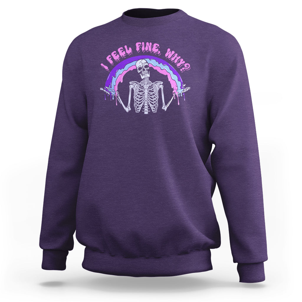 Purple sweatshirt with skeleton rainbow graphic and neon text on front
