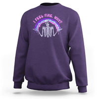 Purple sweatshirt with skeleton rainbow graphic and neon text on front