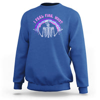 Royal blue sweatshirt with skeleton rainbow graphic and neon text on front