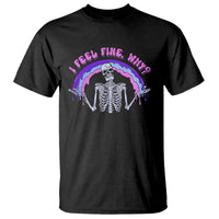 Black graphic T-shirt with skeleton under purple rainbow and “I Feel Fine” text