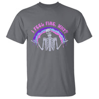Charcoal graphic T-shirt with skeleton under purple rainbow and “I Feel Fine” text
