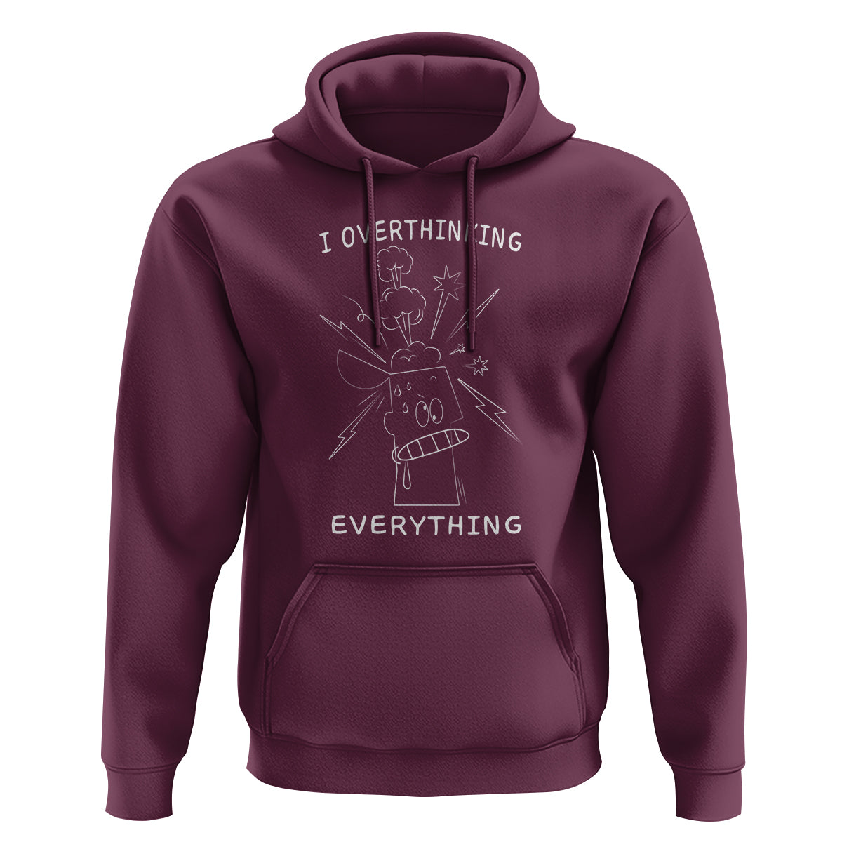 Maroon overthinking graphic hoodie with front pouch pocket and drawstring hood
