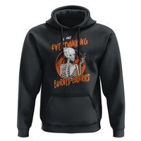 Black pullover hoodie with kangaroo pocket and skull 'Overthinking' graphic.