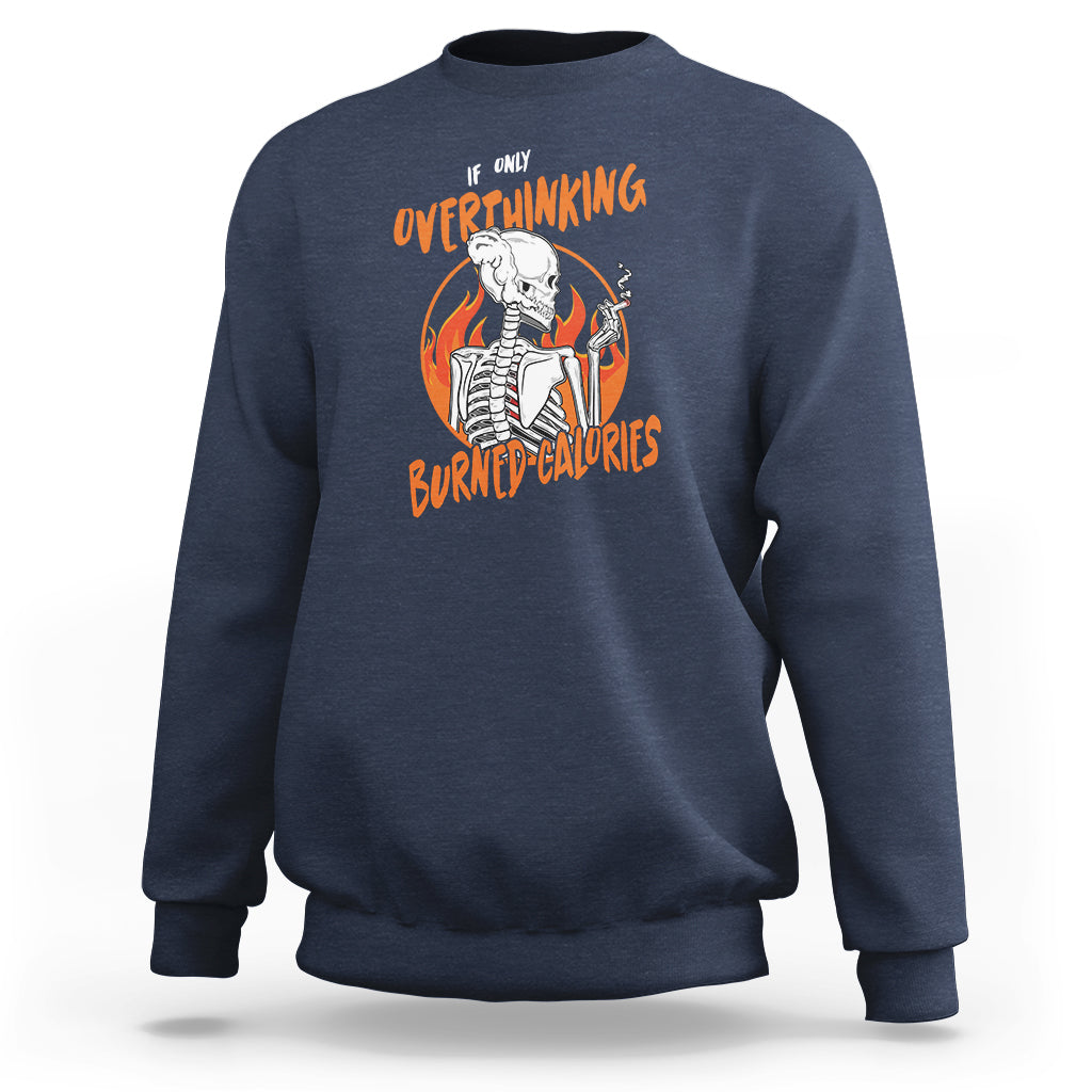 Navy sweatshirt with overthinking skeleton graphic and orange text print