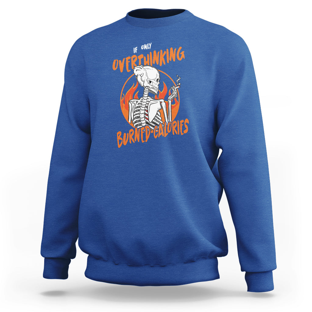 Royal blue sweatshirt with overthinking skeleton graphic and orange text print