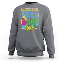 Medium gray crewneck sweatshirt with colorful Field Day 2024 graphic on front