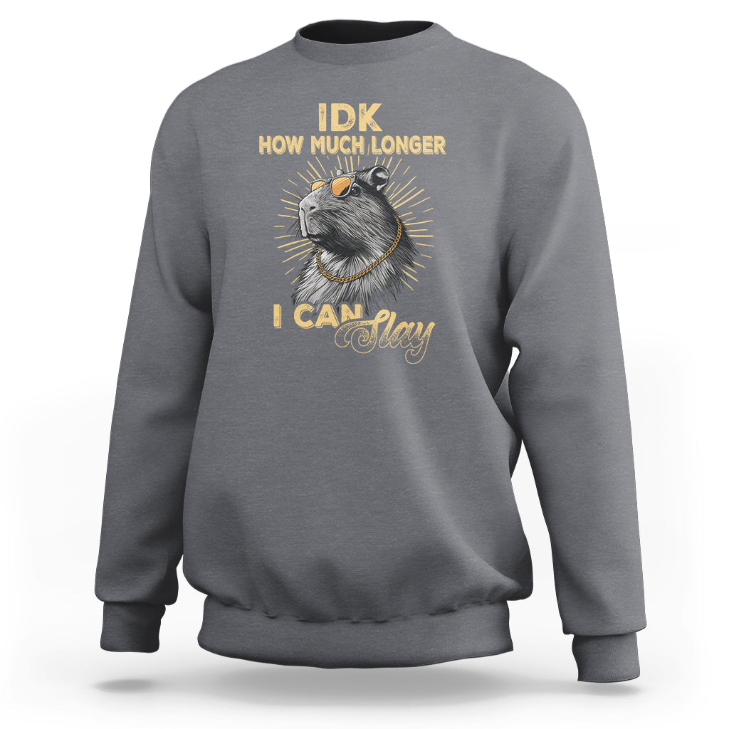 Charcoal gray crewneck sweatshirt with capybara graphic front print