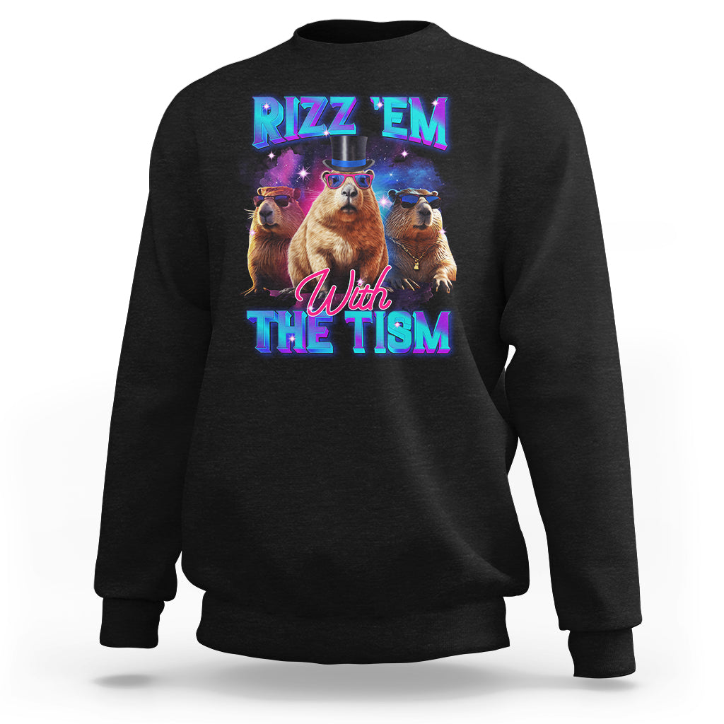 Black sweatshirt with capybara graphic: "RIZZ 'EM" "With THE TISM"