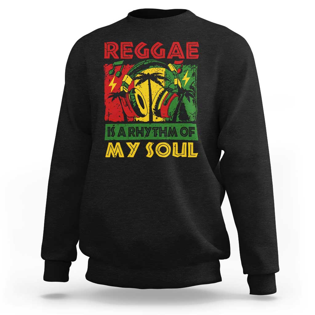 Black crewneck sweatshirt with colorful reggae music graphic and “my soul” text