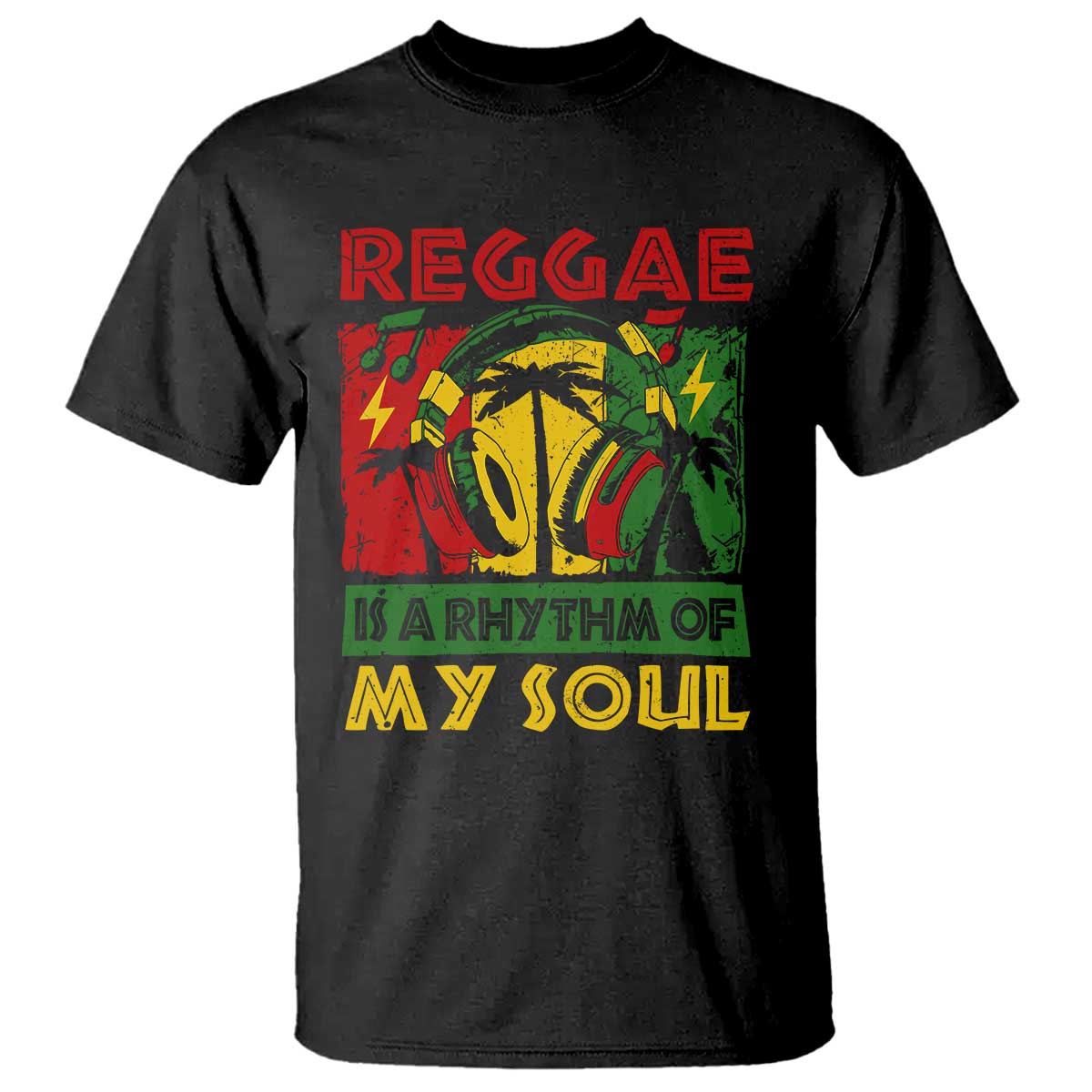 Black reggae graphic T-shirt with red “REGGAE” lettering and colorful sound system front art