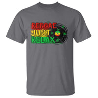 Charcoal gray crew-neck T-shirt with “Reggae Just Relax” front graphic and leaf wreath