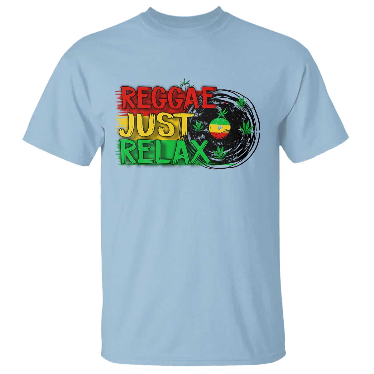 Light blue crew-neck T-shirt with “Reggae Just Relax” front graphic and leaf wreath