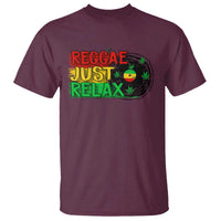 Maroon crew-neck T-shirt with “Reggae Just Relax” front graphic and leaf wreath