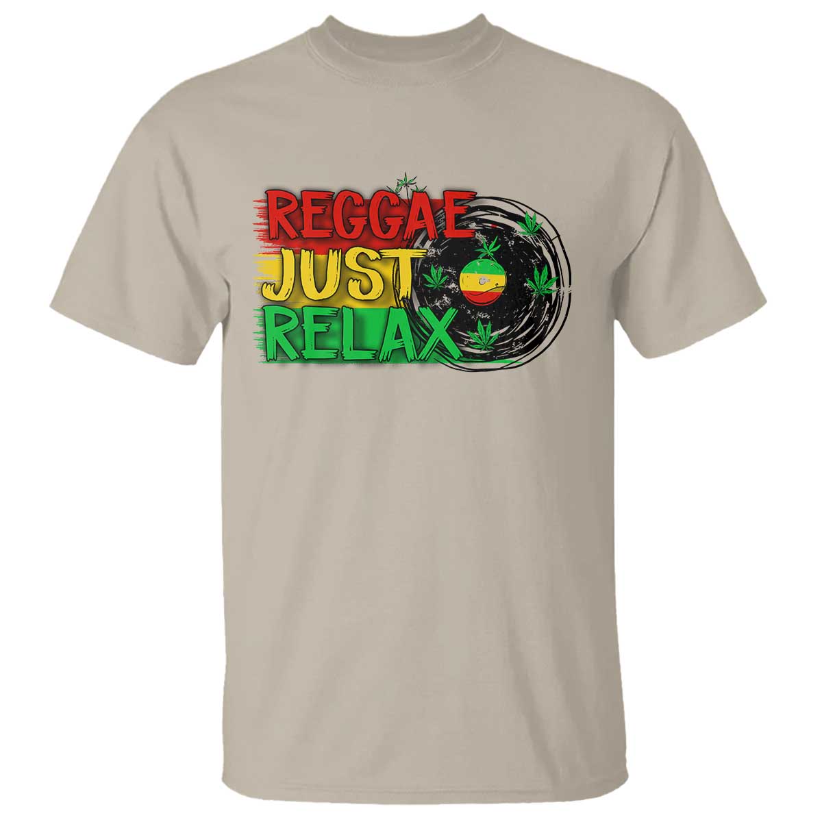 Sand crew-neck T-shirt with “Reggae Just Relax” front graphic and leaf wreath